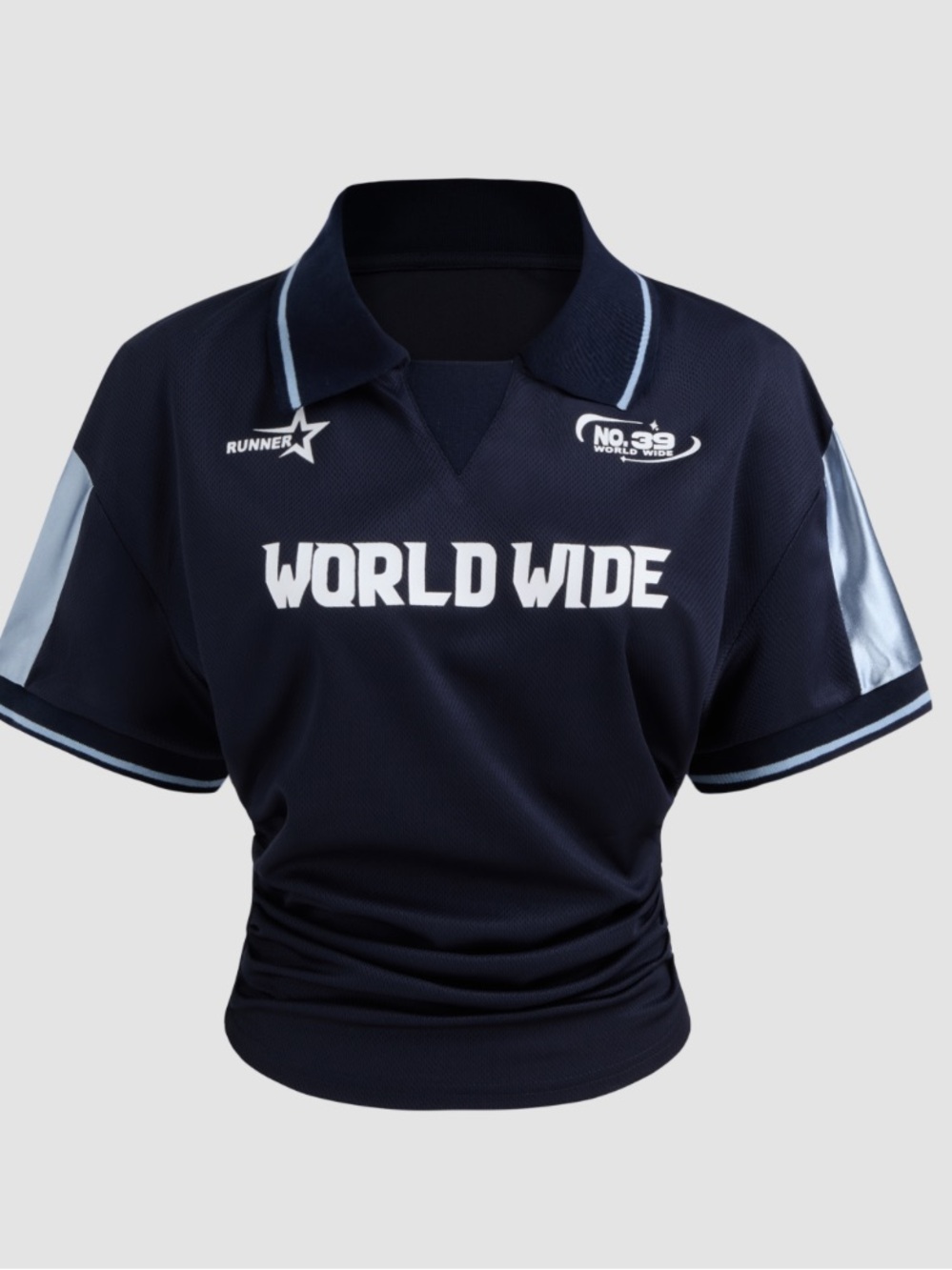 CIDER Sporty 'World Wide' Jersey Shirt with Cutout Back in Navy Size- Medium